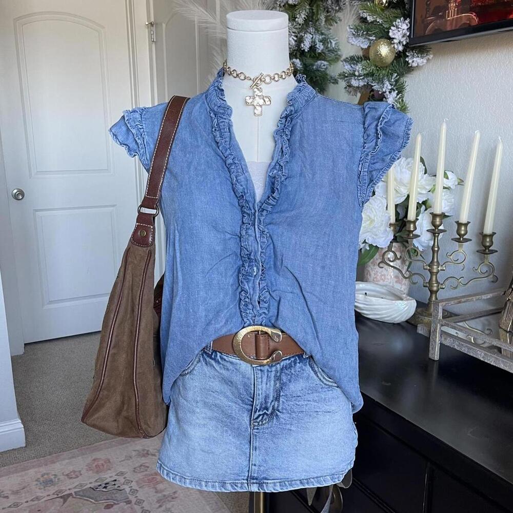 Denim Ruffle Blouse